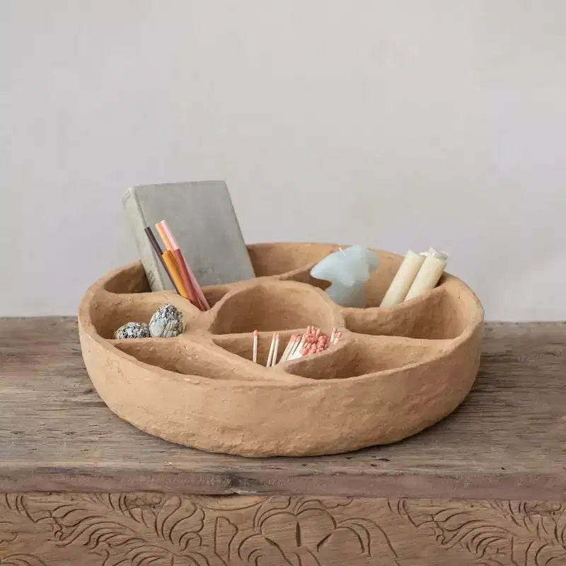 Étagère murale ronde en papier mâché à sections multiples, couleur moutarde