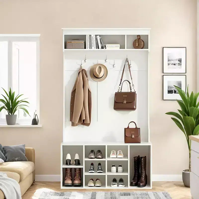 Meuble d'entrée noir de 180 cm - Avec rangement à chaussures et 7 crochets, banc autoportant réglable pour vestibule