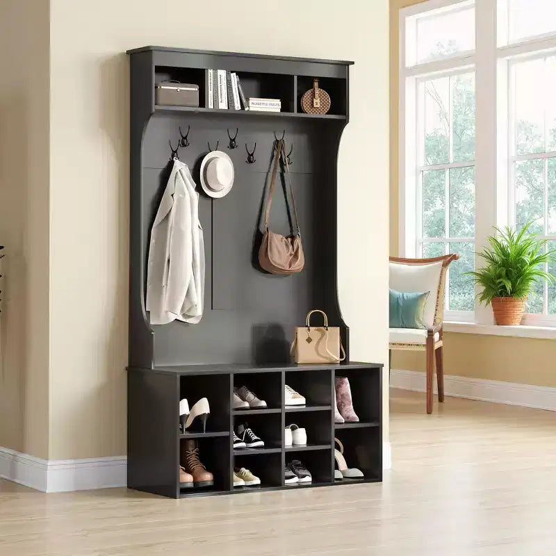 Meuble d'entrée noir de 180 cm - Avec rangement à chaussures et 7 crochets, banc autoportant réglable pour vestibule