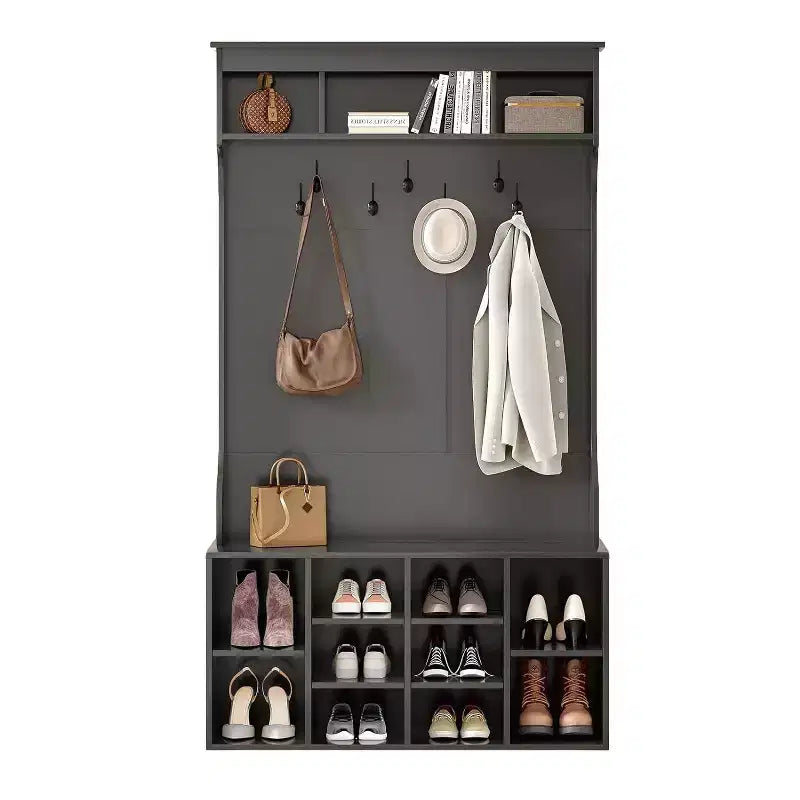 Meuble d'entrée noir de 180 cm - Avec rangement à chaussures et 7 crochets, banc autoportant réglable pour vestibule