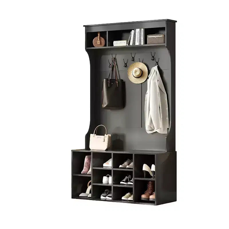 Meuble d'entrée noir de 180 cm - Avec rangement à chaussures et 7 crochets, banc autoportant réglable pour vestibule