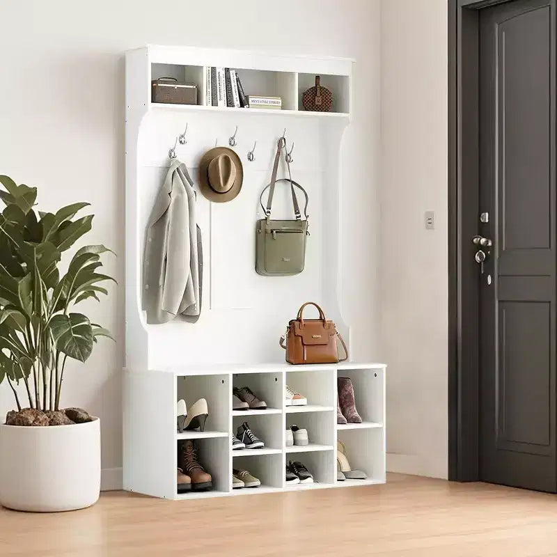 Meuble d'entrée noir de 180 cm - Avec rangement à chaussures et 7 crochets, banc autoportant réglable pour vestibule