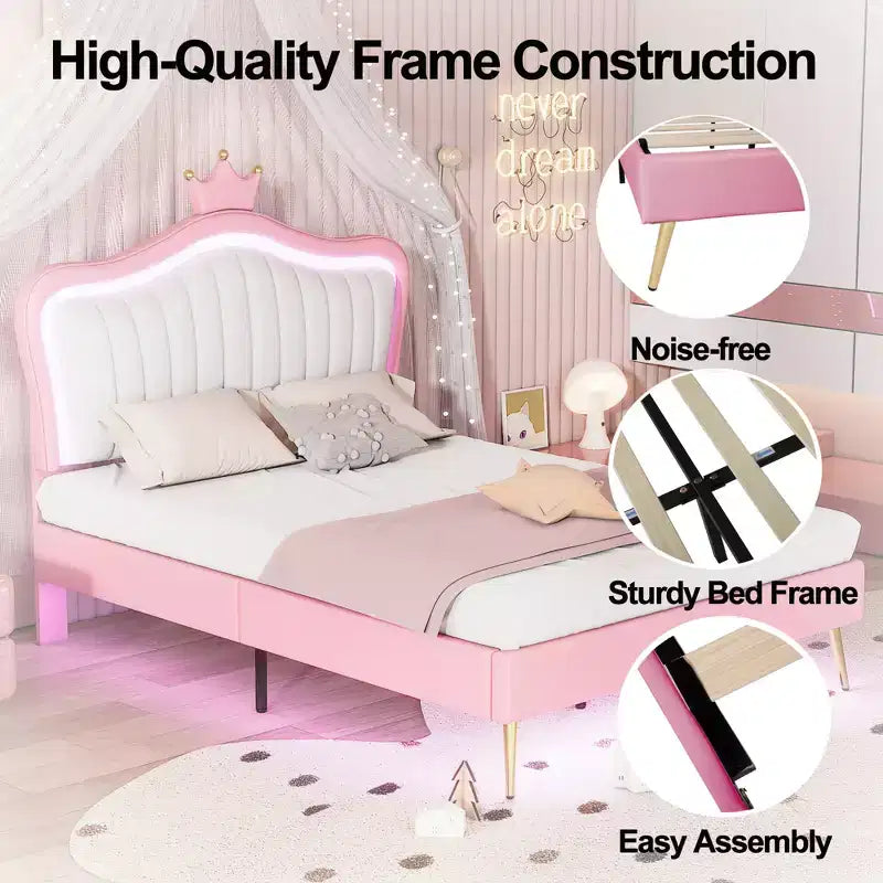 Tête de lit couronne lit double princesse pour filles, cadre de lit double rembourré avec lumières LED pour enfants, rose
