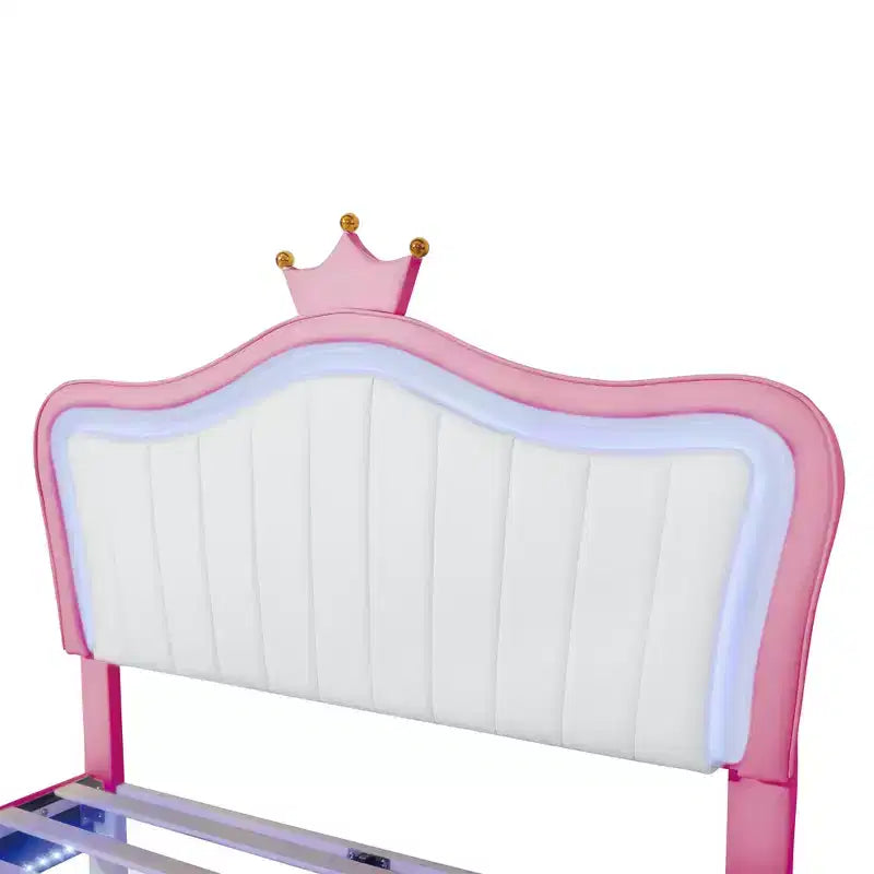 Tête de lit couronne lit double princesse pour filles, cadre de lit double rembourré avec lumières LED pour enfants, rose