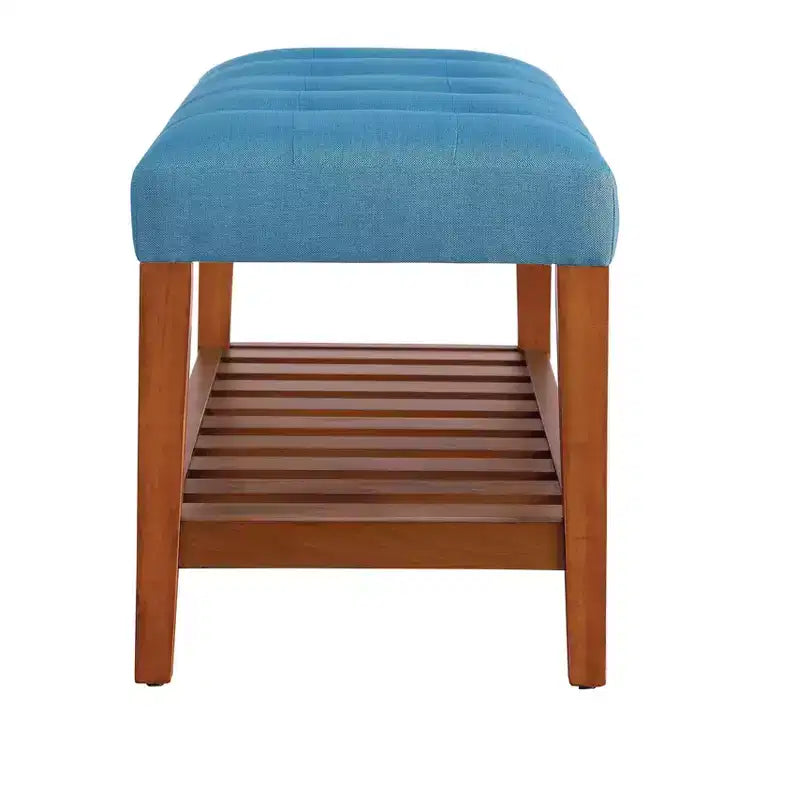 Bancs de rangement en tissu bleu clair et finition chêne