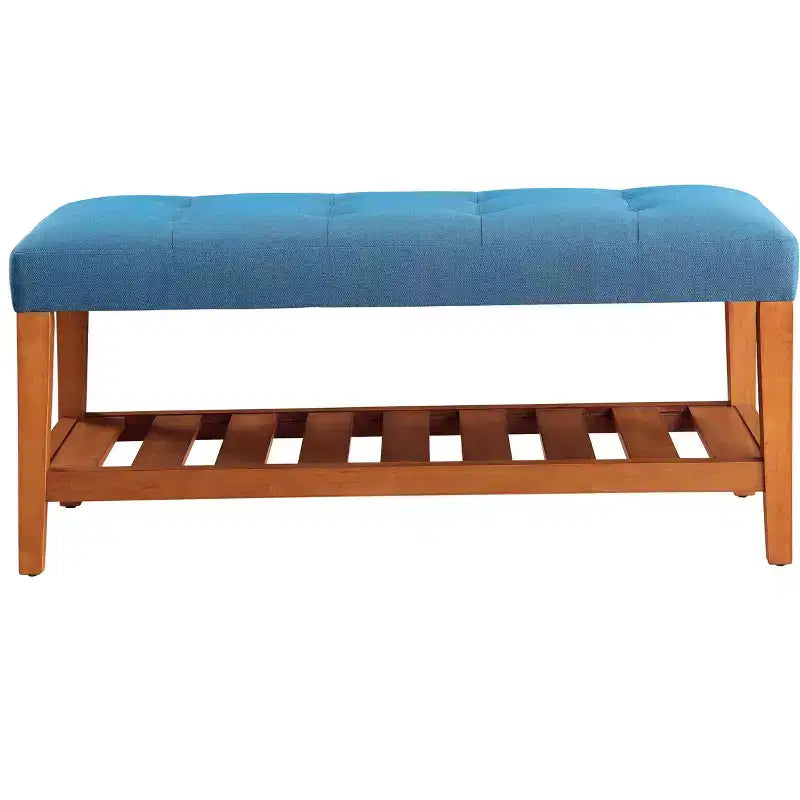 Bancs de rangement en tissu bleu clair et finition chêne