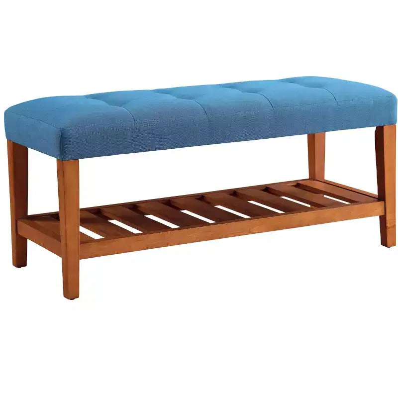 Bancs de rangement en tissu bleu clair et finition chêne