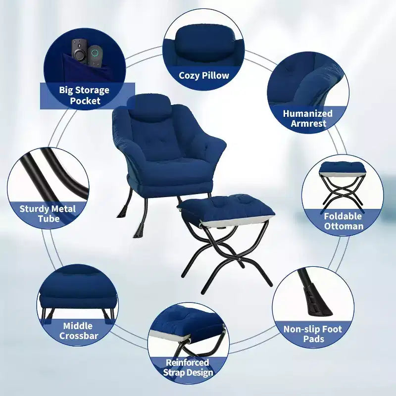 Fauteuil paresseux, Chaises de salon modernes, Fauteuil de lecture ergonomique avec accoudoirs, Fauteuil confortable avec pouf pour chambre et bureau