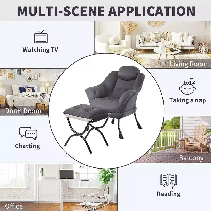 Fauteuil paresseux, Chaises de salon modernes, Fauteuil de lecture ergonomique avec accoudoirs, Fauteuil confortable avec pouf pour chambre et bureau