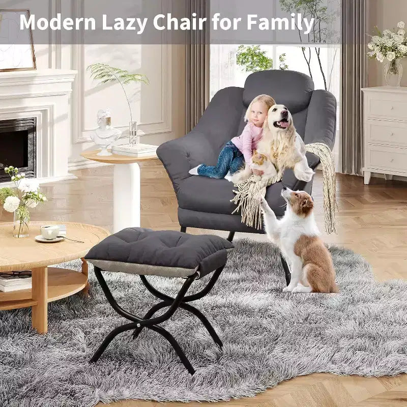 Fauteuil paresseux, Chaises de salon modernes, Fauteuil de lecture ergonomique avec accoudoirs, Fauteuil confortable avec pouf pour chambre et bureau