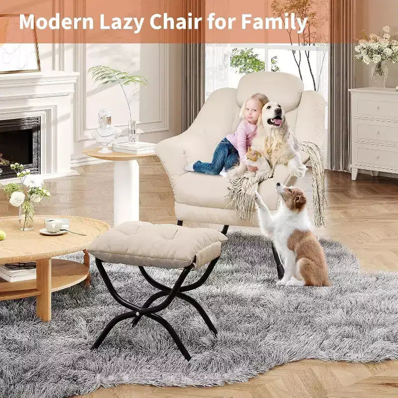 Fauteuil paresseux, Chaises de salon modernes, Fauteuil de lecture ergonomique avec accoudoirs, Fauteuil confortable avec pouf pour chambre et bureau