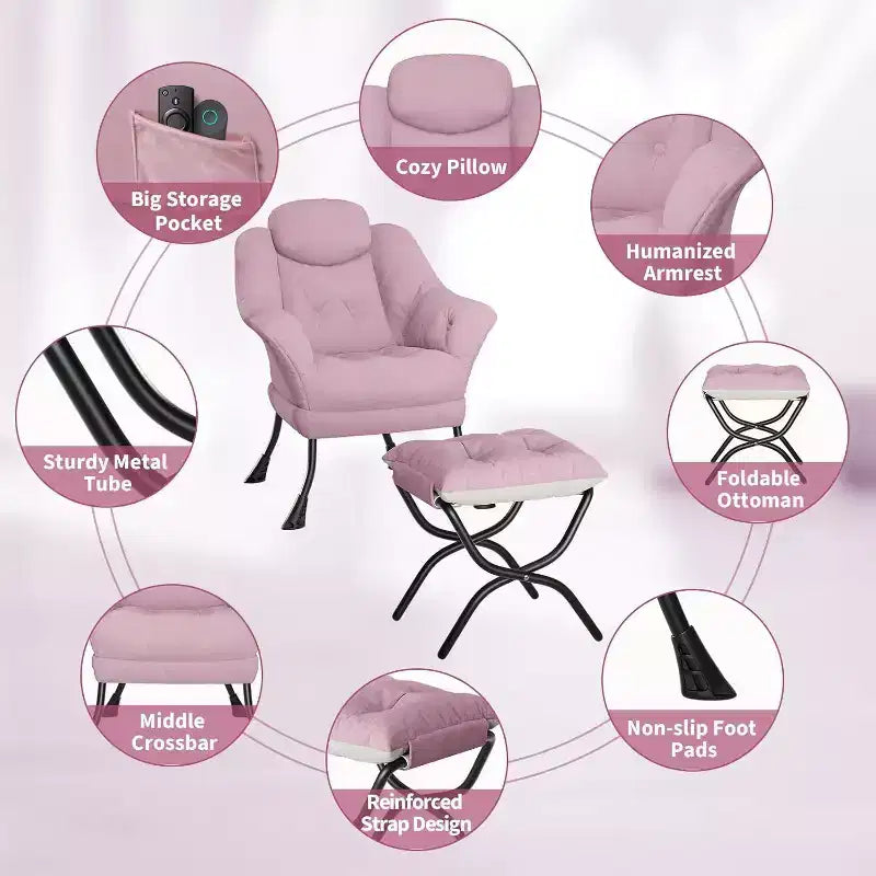 Fauteuil paresseux, Chaises de salon modernes, Fauteuil de lecture ergonomique avec accoudoirs, Fauteuil confortable avec pouf pour chambre et bureau
