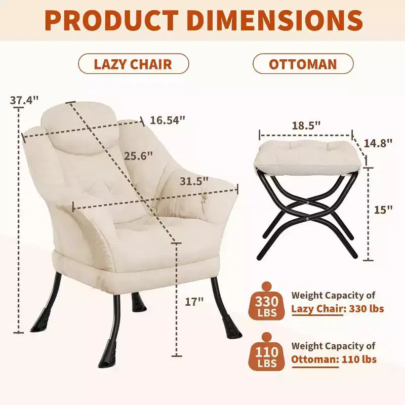 Fauteuil paresseux, Chaises de salon modernes, Fauteuil de lecture ergonomique avec accoudoirs, Fauteuil confortable avec pouf pour chambre et bureau