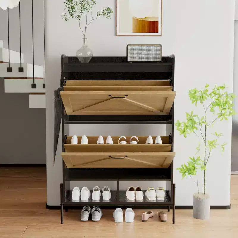 Meuble à chaussures 2 tiroirs – Organisateur d'entrée style ferme en rotin pour 20 paires (autonome, assemblage sans outil)