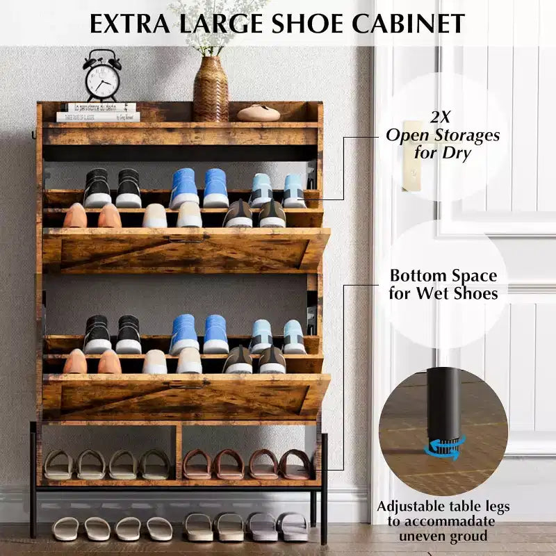 Meuble à chaussures 2 tiroirs – Organisateur d'entrée style ferme en rotin pour 20 paires (autonome, assemblage sans outil)