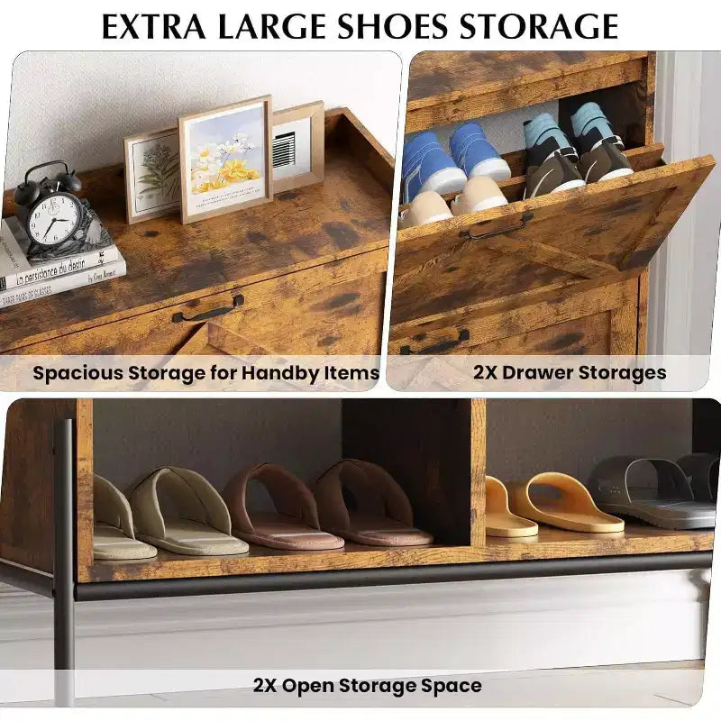 Meuble à chaussures 2 tiroirs – Organisateur d'entrée style ferme en rotin pour 20 paires (autonome, assemblage sans outil)