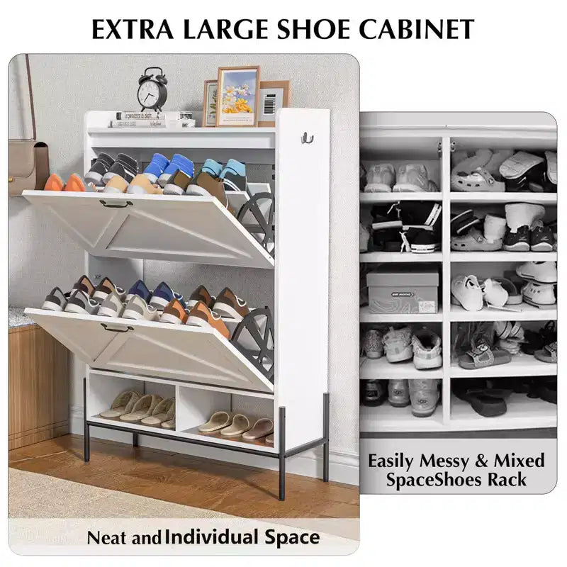 Meuble à chaussures 2 tiroirs – Organisateur d'entrée style ferme en rotin pour 20 paires (autonome, assemblage sans outil)