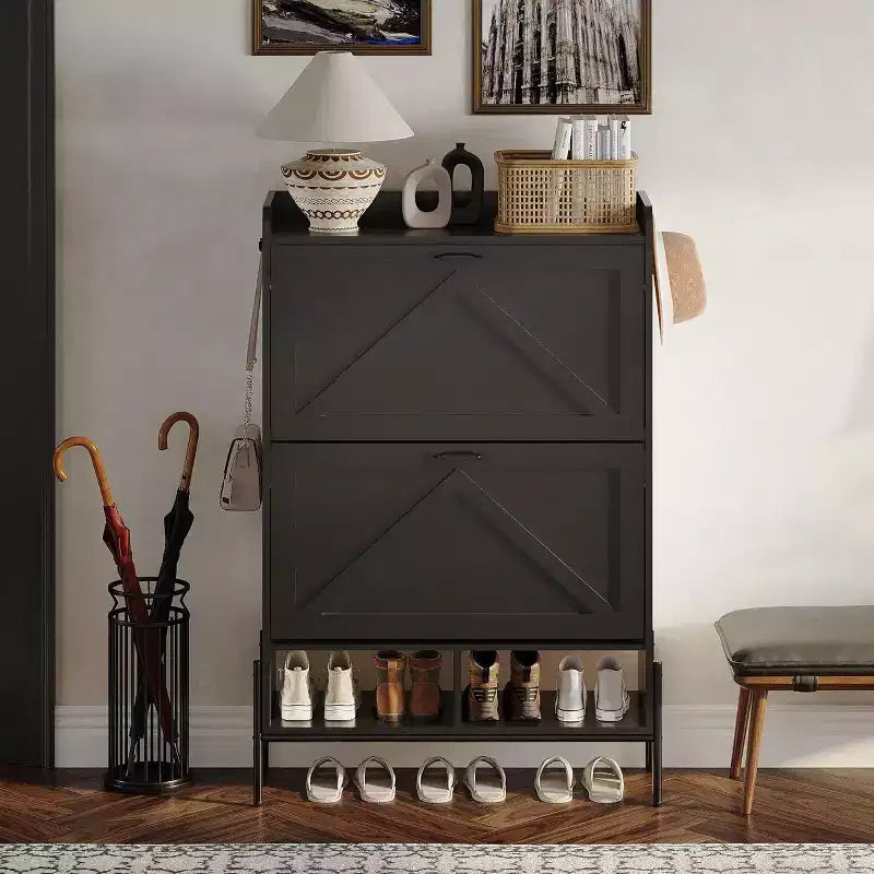 Meuble à chaussures 2 tiroirs – Organisateur d'entrée style ferme en rotin pour 20 paires (autonome, assemblage sans outil)