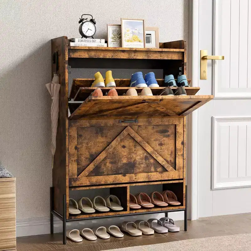 Meuble à chaussures 2 tiroirs – Organisateur d'entrée style ferme en rotin pour 20 paires (autonome, assemblage sans outil)