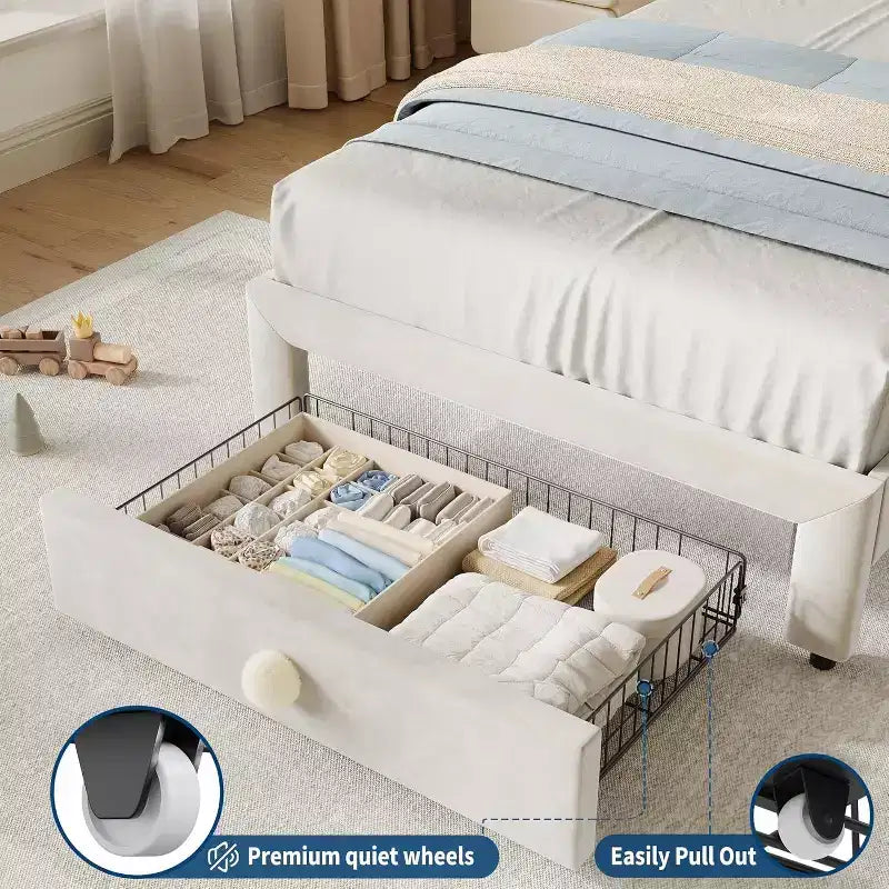Cadre de lit rembourré pour enfants avec tête de lit et tiroir de rangement, Velours