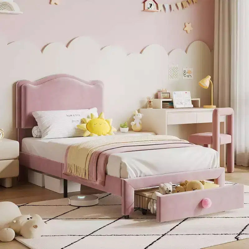 Cadre de lit rembourré pour enfants avec tête de lit et tiroir de rangement, Velours