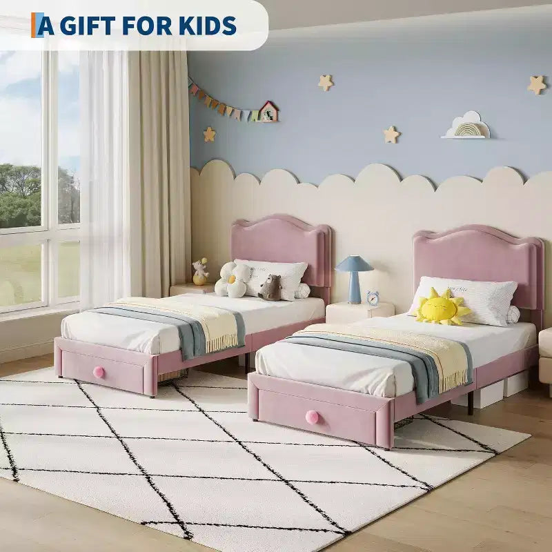 Cadre de lit rembourré pour enfants avec tête de lit et tiroir de rangement, Velours