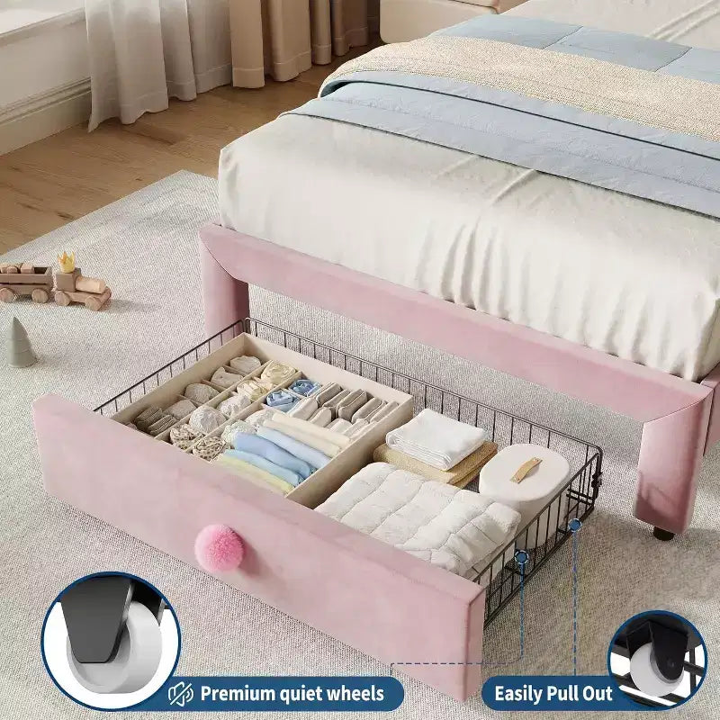 Cadre de lit rembourré pour enfants avec tête de lit et tiroir de rangement, Velours