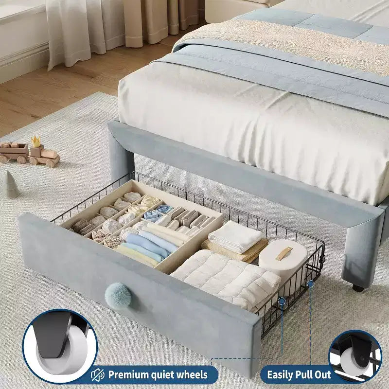 Cadre de lit rembourré pour enfants avec tête de lit et tiroir de rangement, Velours