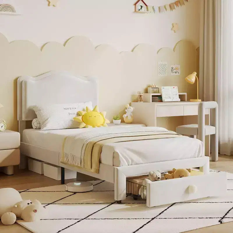 Cadre de lit rembourré pour enfants avec tête de lit et tiroir de rangement, Velours