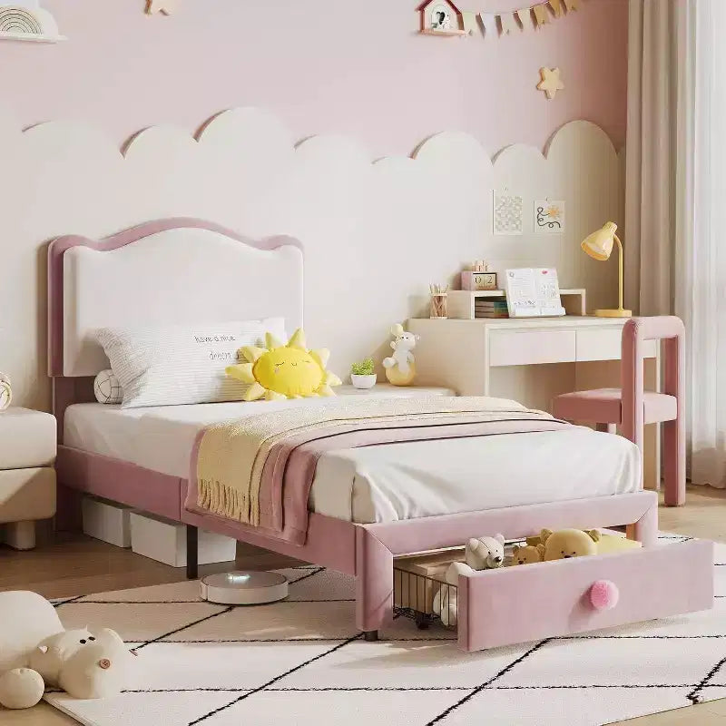Cadre de lit rembourré pour enfants avec tête de lit et tiroir de rangement, Velours