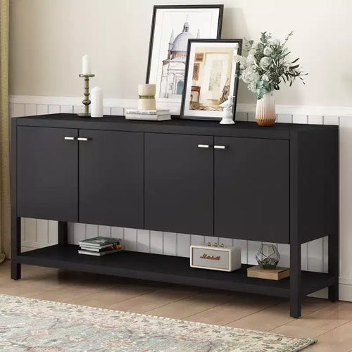 Console longue moderne de 151,4 cm avec grand espace de rangement, table d'entrée avec 4 portes et poignées métalliques, table d'appoint pour salon