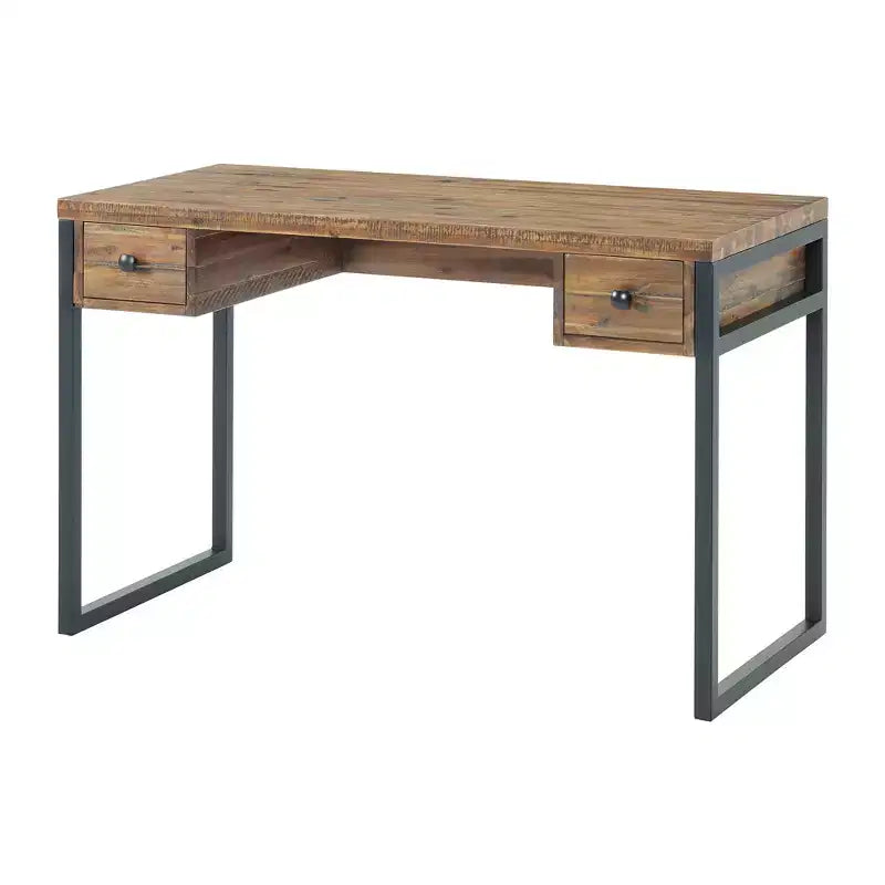 Bureau rustique en bois et métal Claremont, finition grain de bois naturel avec deux tiroirs latéraux, idéal pour la maison et le bureau
