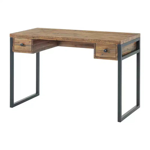 Bureau rustique en bois et métal Claremont, finition grain de bois naturel avec deux tiroirs latéraux, idéal pour la maison et le bureau