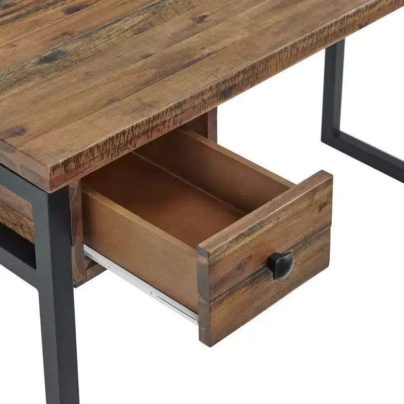 Bureau rustique en bois et métal Claremont, finition grain de bois naturel avec deux tiroirs latéraux, idéal pour la maison et le bureau