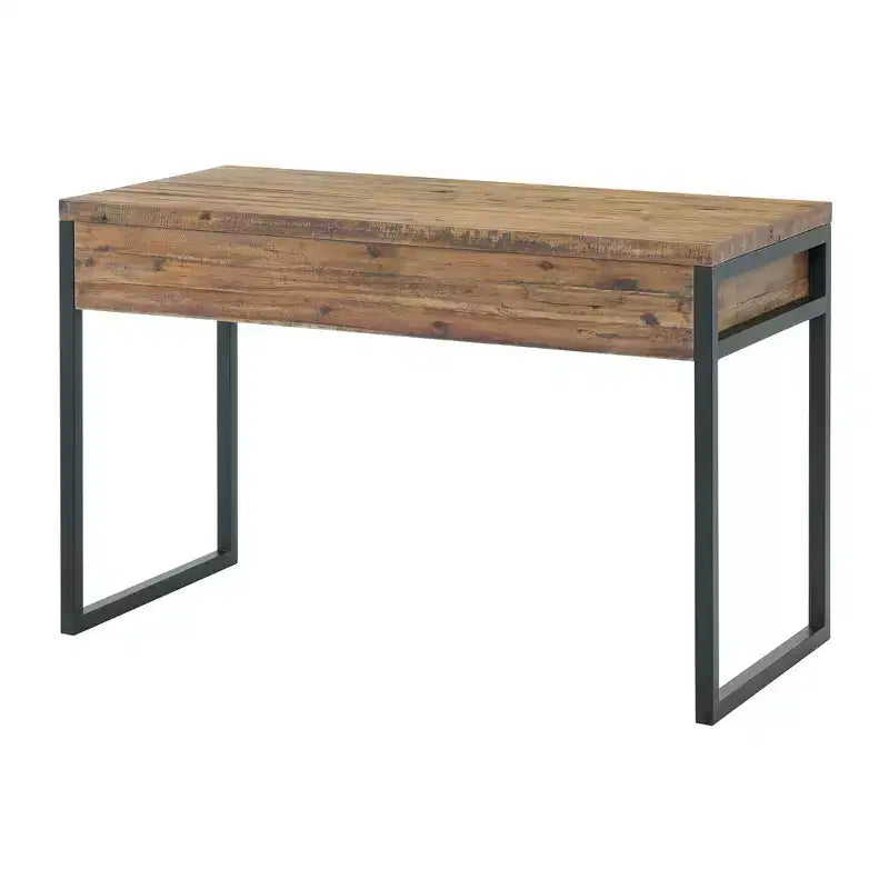 Bureau rustique en bois et métal Claremont, finition grain de bois naturel avec deux tiroirs latéraux, idéal pour la maison et le bureau