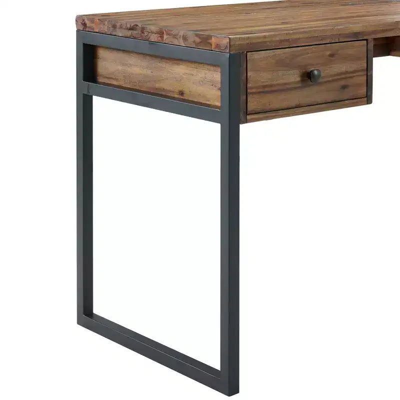 Bureau rustique en bois et métal Claremont, finition grain de bois naturel avec deux tiroirs latéraux, idéal pour la maison et le bureau