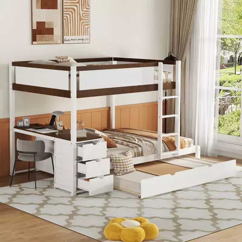 Lit superposé double sur double avec lit gigogne et bureau, cadre de lit superposé en bois massif avec tiroirs de rangement et étagères pour chambre d'enfants et d'adultes