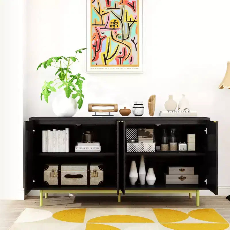 Console en bois de 58 po avec 4 portes cannelées et tablettes ajustables, buffet moderne de rangement pour salon, cuisine et entrée