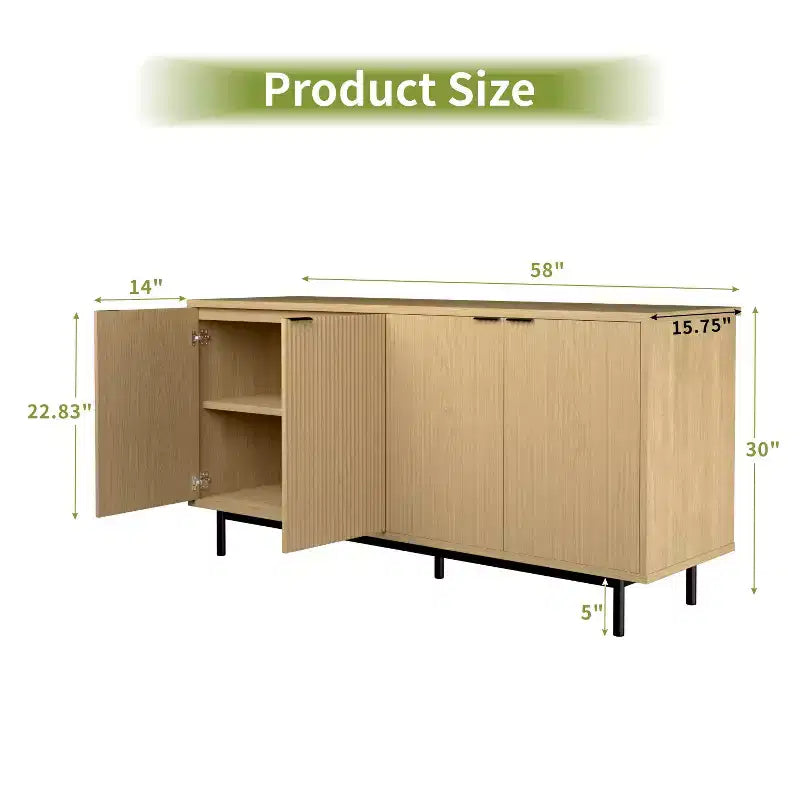 Console en bois de 58 po avec 4 portes cannelées et tablettes ajustables, buffet moderne de rangement pour salon, cuisine et entrée