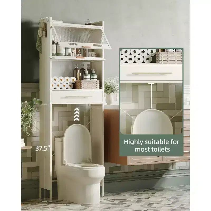Armoire de rangement de 23,6 pouces de large au-dessus des toilettes, étagère en acier inoxydable au-dessus des toilettes avec portes basculantes et tiroirs