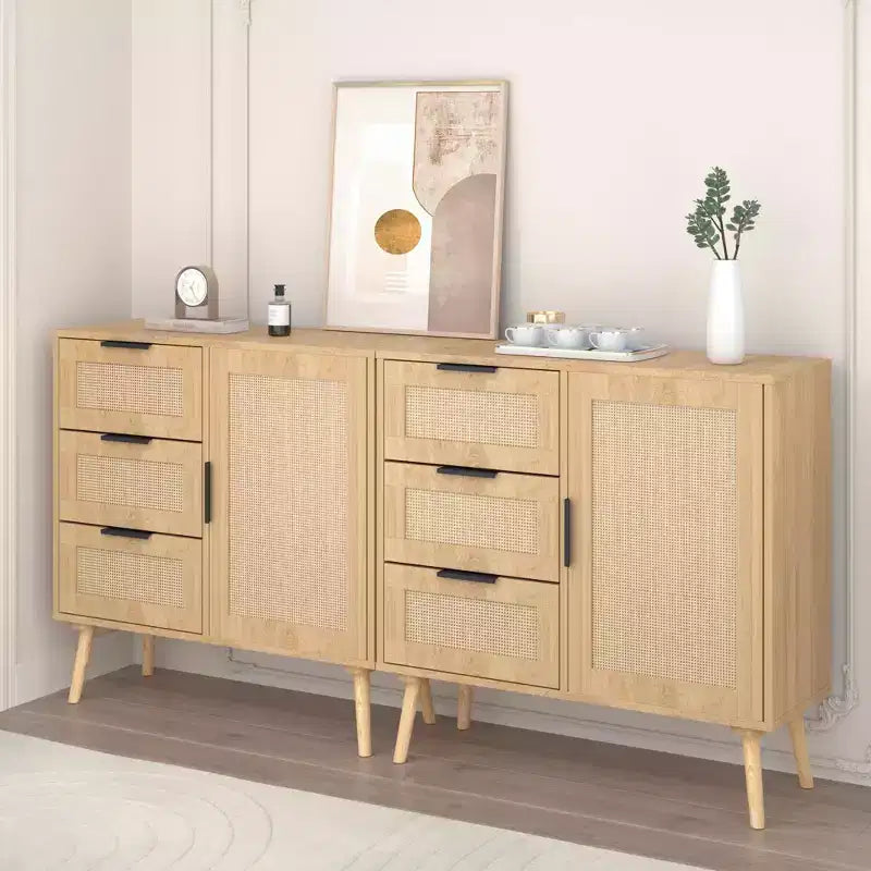 Commode à 3 tiroirs en rotin et bois, meuble de rangement
