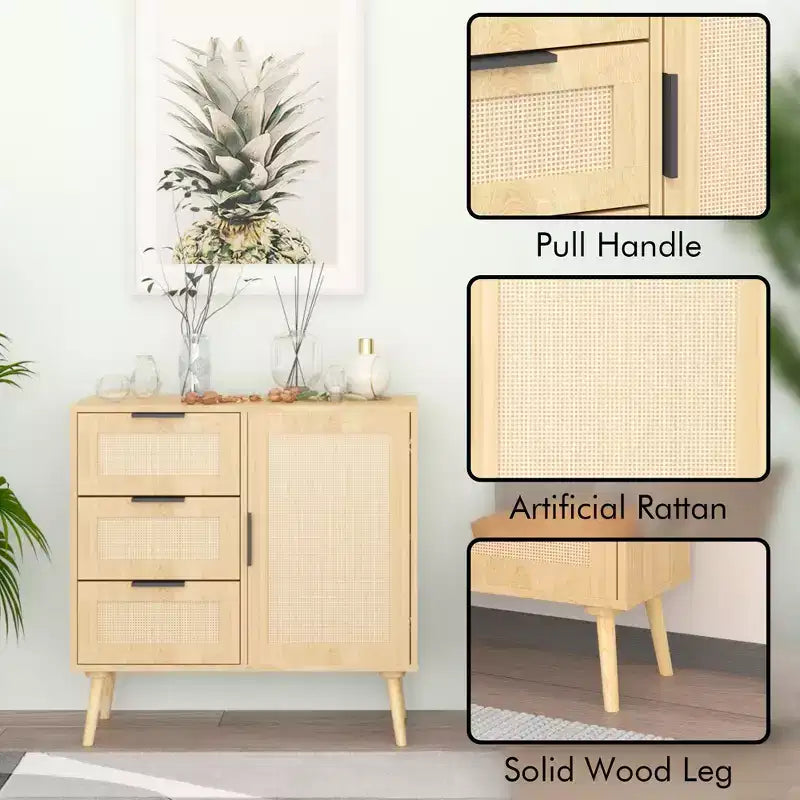 Commode à 3 tiroirs en rotin et bois, meuble de rangement