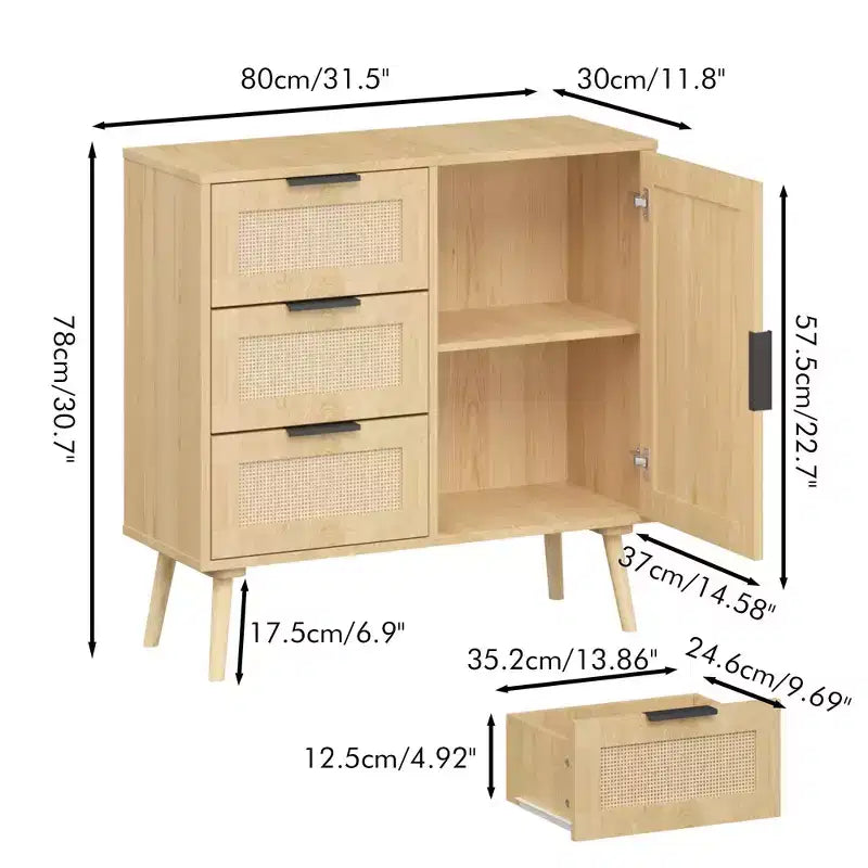 Commode à 3 tiroirs en rotin et bois, meuble de rangement