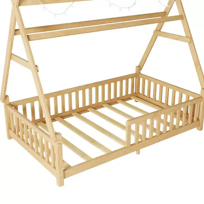 Lit cabane jumeau avec lumière, lit cabane au sol avec clôture et toit, conception de sécurité