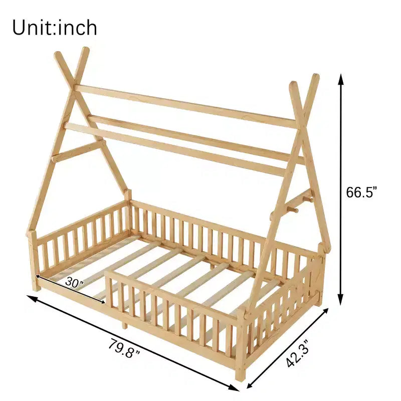 Lit cabane jumeau avec lumière, lit cabane au sol avec clôture et toit, conception de sécurité