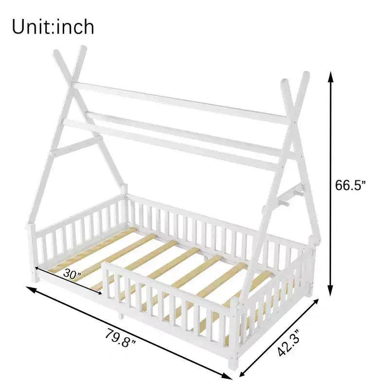 Lit cabane jumeau avec lumière, lit cabane au sol avec clôture et toit, conception de sécurité