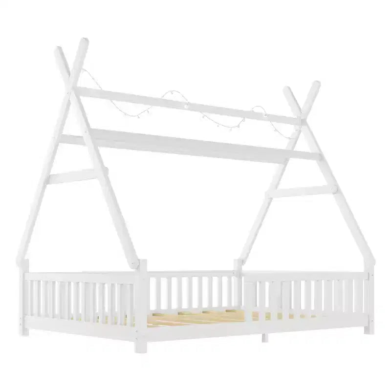 Lit cabane jumeau avec lumière, lit cabane au sol avec clôture et toit, conception de sécurité