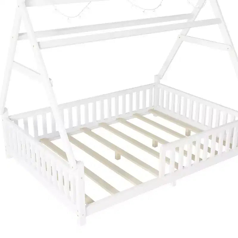 Lit cabane jumeau avec lumière, lit cabane au sol avec clôture et toit, conception de sécurité