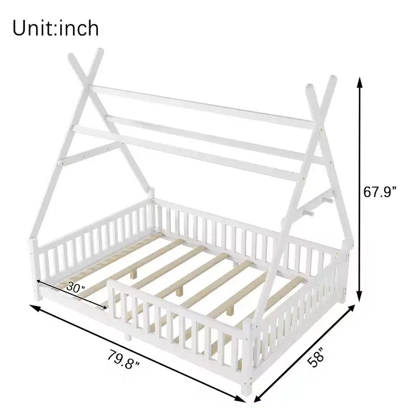 Lit cabane jumeau avec lumière, lit cabane au sol avec clôture et toit, conception de sécurité