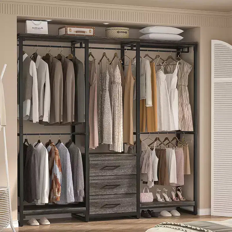 Portant à vêtements avec tiroirs en tissu, système d'organisation de placard autoportant